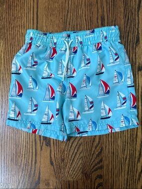 Janie and Jack Light Blue Sailboat Swim Shorts with Red Accents